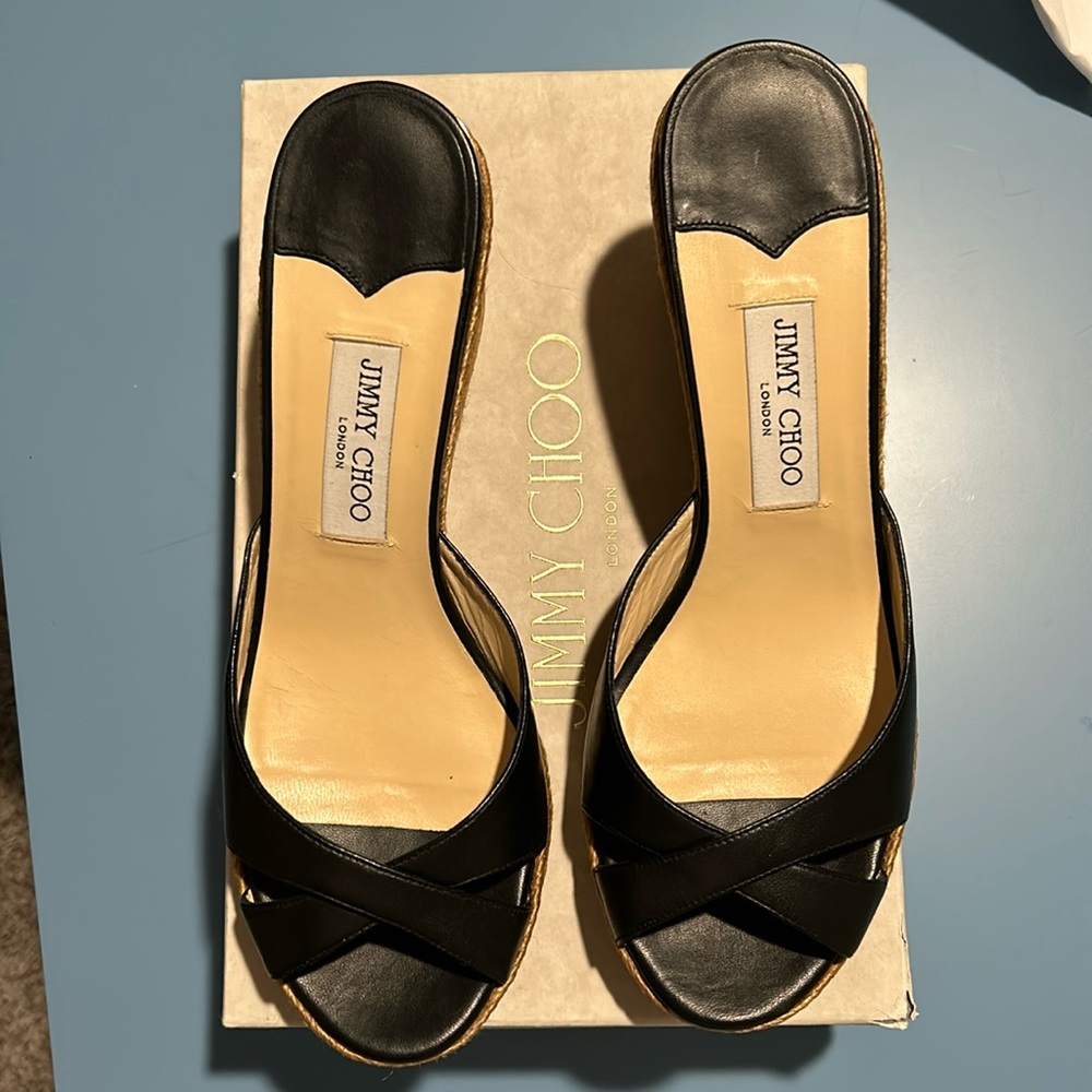Authentic Jimmy Choo Black Leather Wedge Slides. NWOT